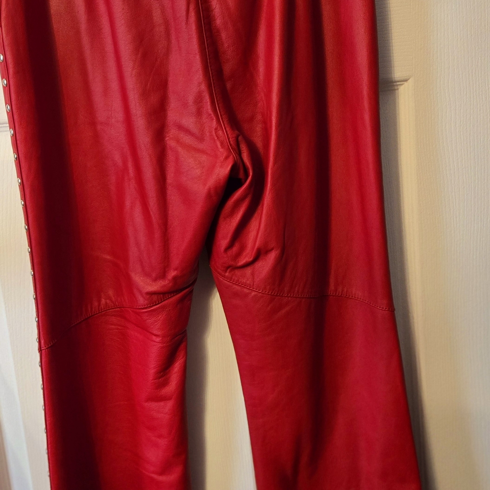 Harley Davidson Red Leather Pants with Studded Belt - Picture 3 of 4